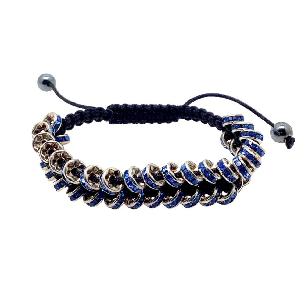 Artisan Chainmail Macrame Bracelet, Blac,  Blue Rhinestones, Boho Hippie, Gift